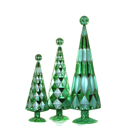 Aqua & Emerald Faceted Glass Trees - Set of 3 