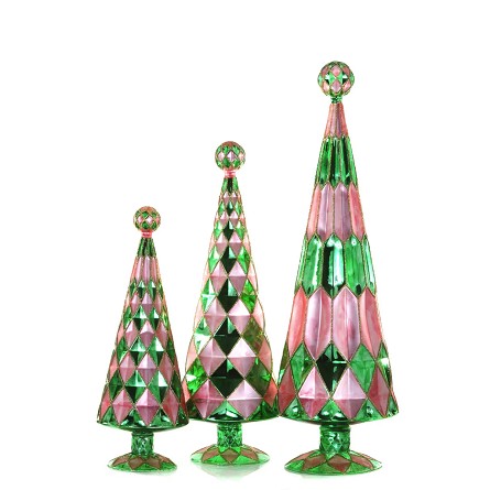 Blush & Emerald Faceted Glass Trees - Set of 3 