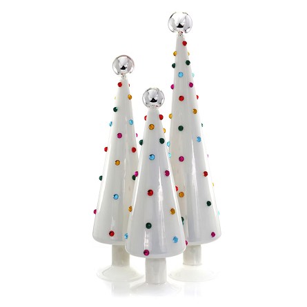 Jewel-Dotted White Glass Christmas Trees - Set of 3 