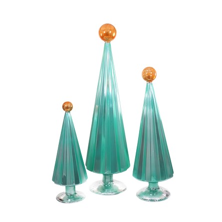 Mint & Orange Pleated Glass Christmas Trees - Set of 3 